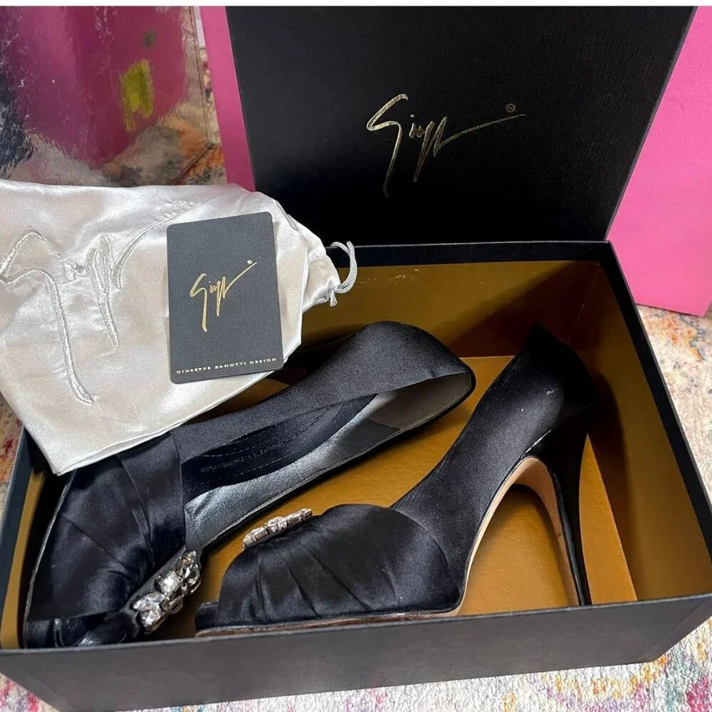 Giuseppe Zanotti 8.5 Black Satin JEWELED CRYSTAL PLATFORM Peeptoe Heels Pumps - Picture 3 of 6